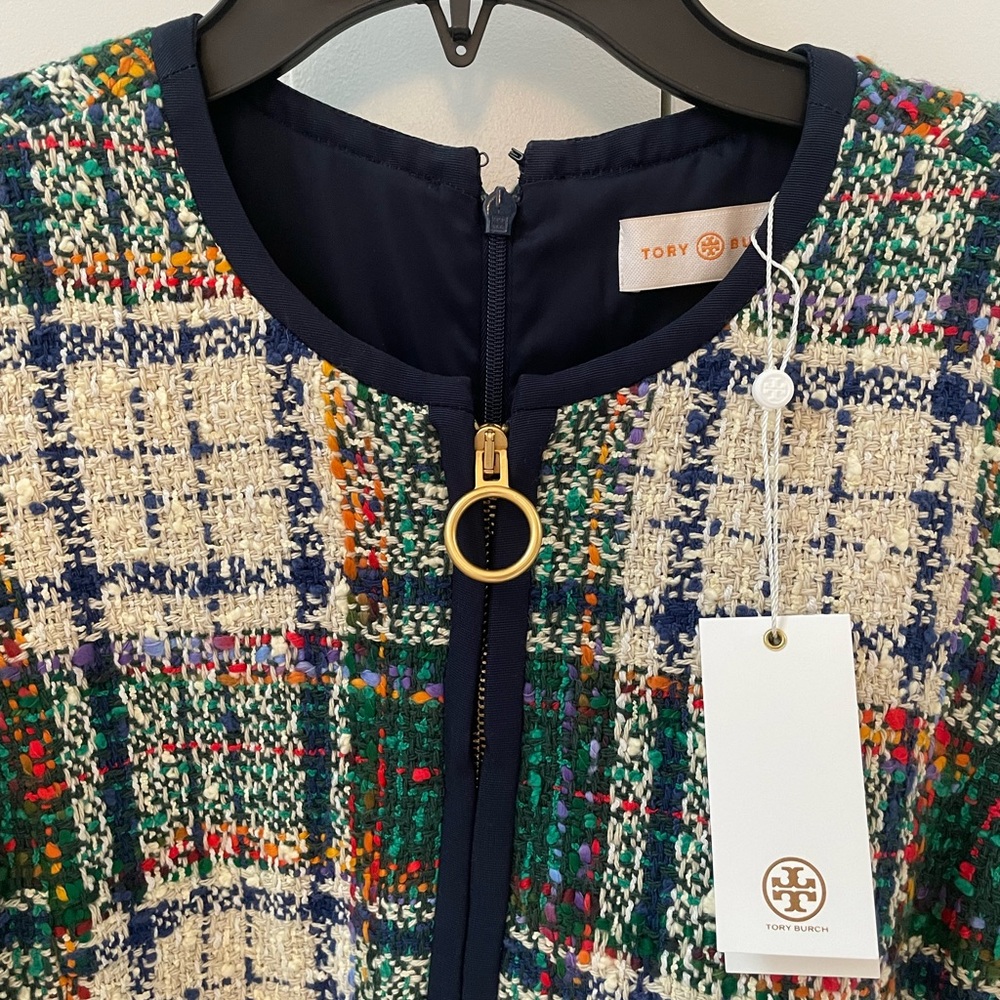 Tory Burch Green, Navy and Cream Tweed Mini Dress - Picture 2 of 4